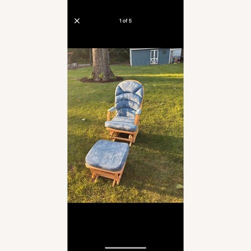 Used Raymour & Flanigan Blue Ottoman + Chair for sale on AptDeco