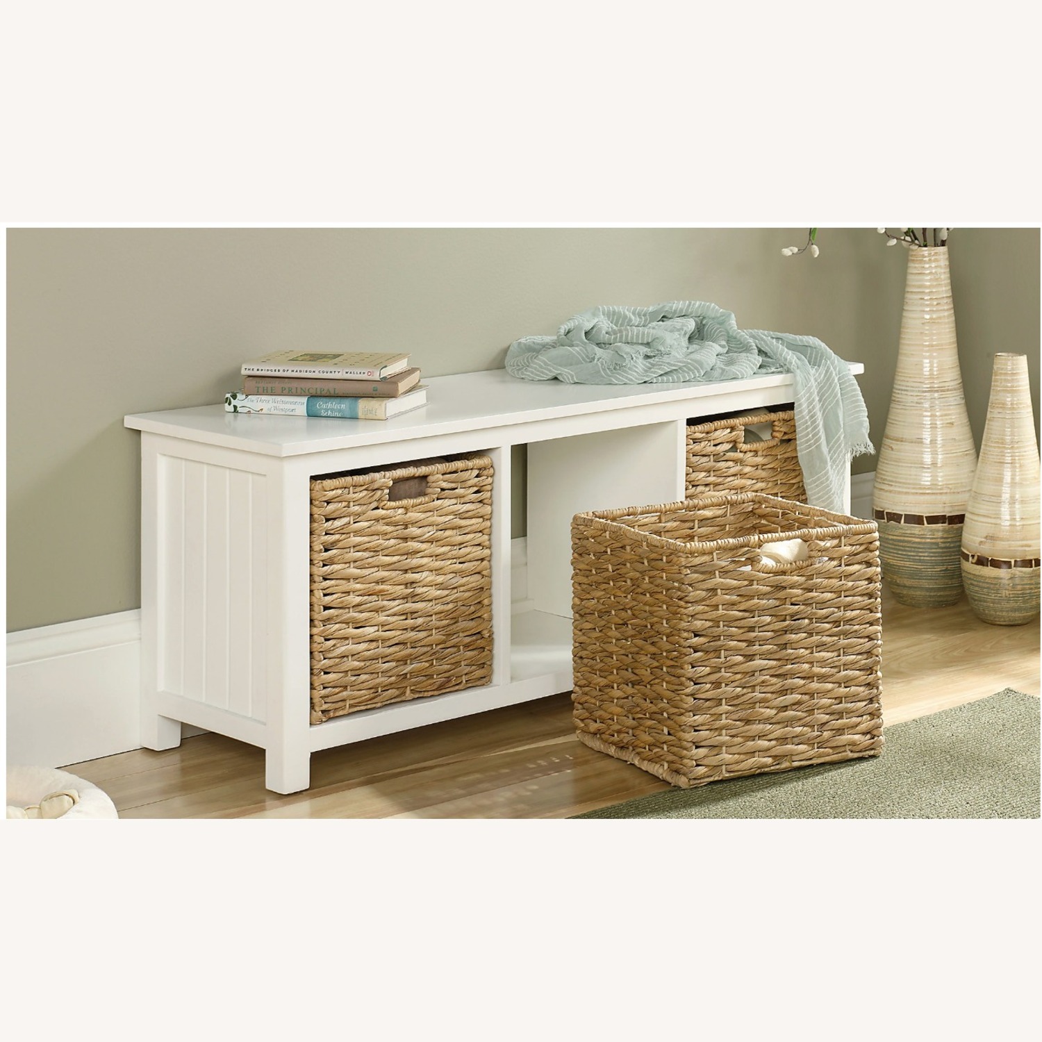 Lowe's White Wood Entry Storage Bench with Wicker Baskets - image-5
