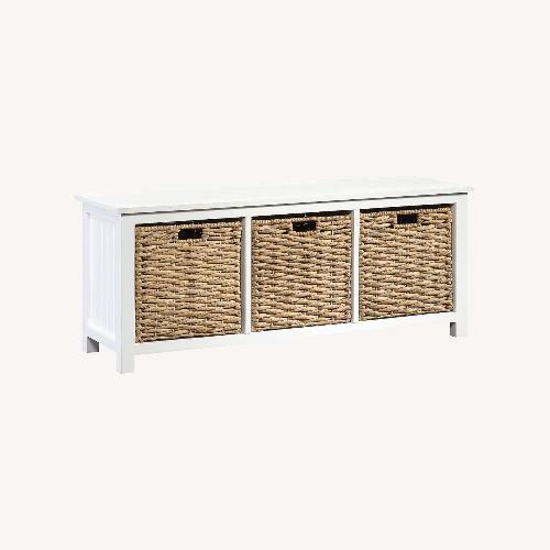 Used Lowe's White Wood Entry Storage Bench with Wicker Baskets for sale on AptDeco