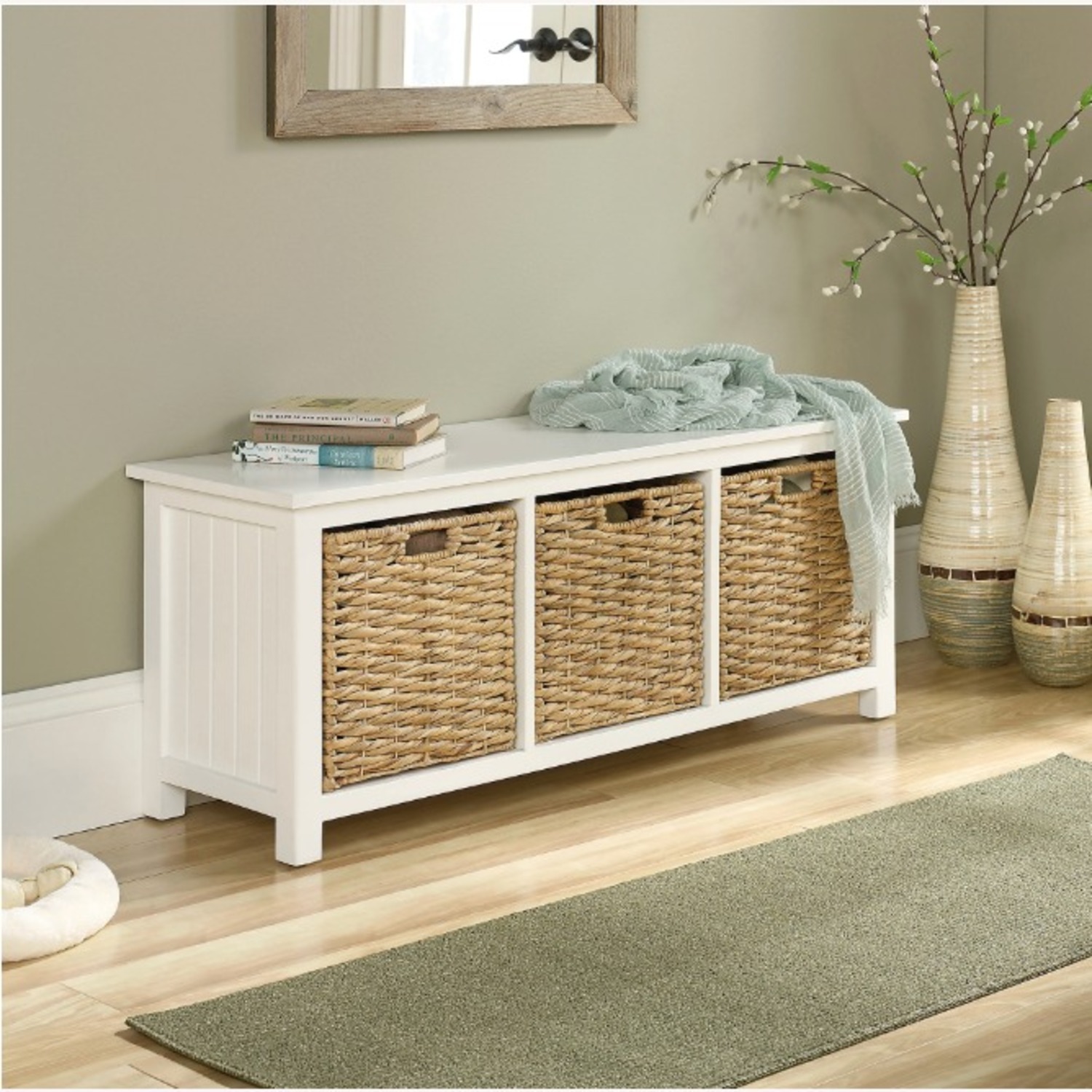 Lowe's White Wood Entry Storage Bench with Wicker Baskets - image-1
