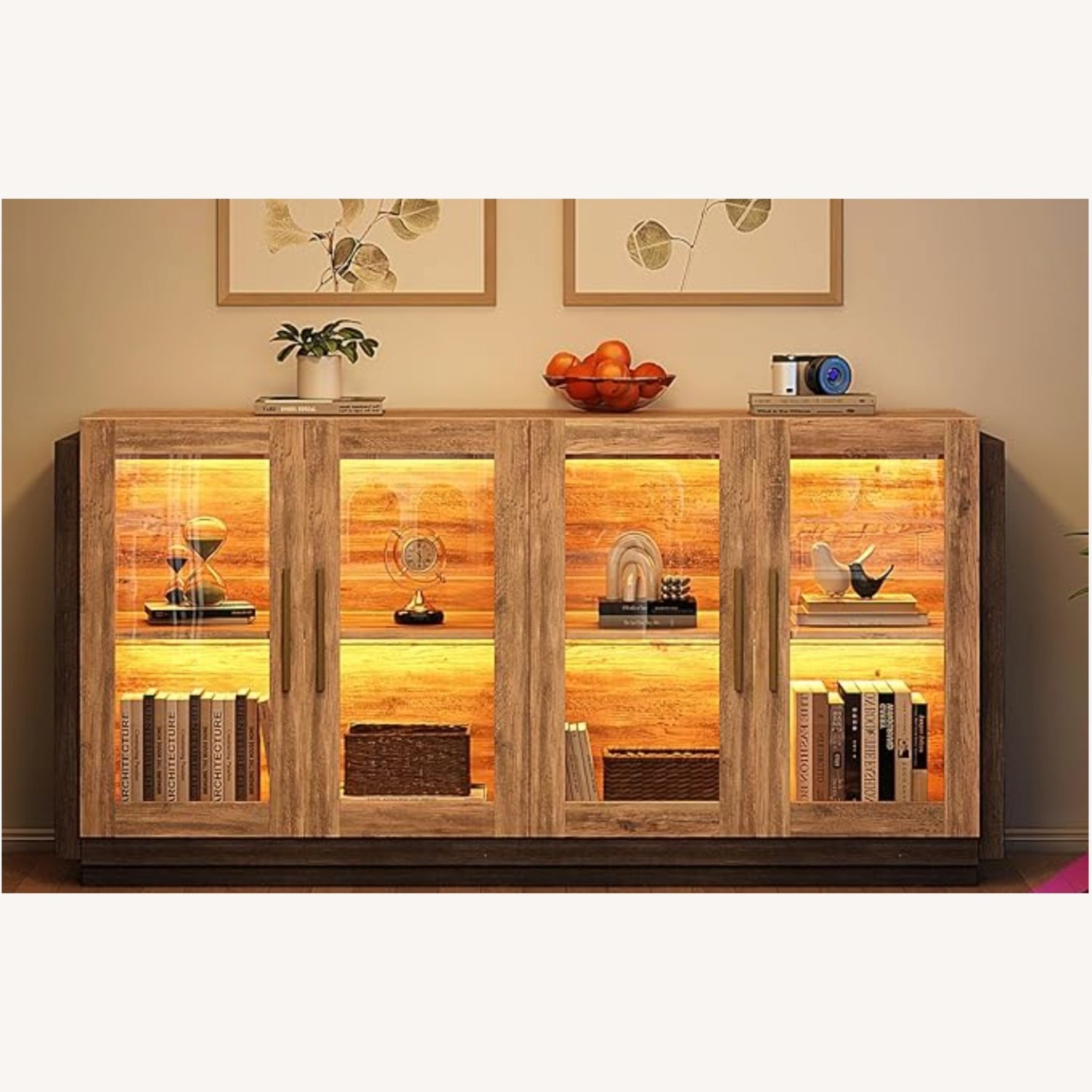 LED Wooden Buffet Cabinet with 4 Glass Doors - image-4