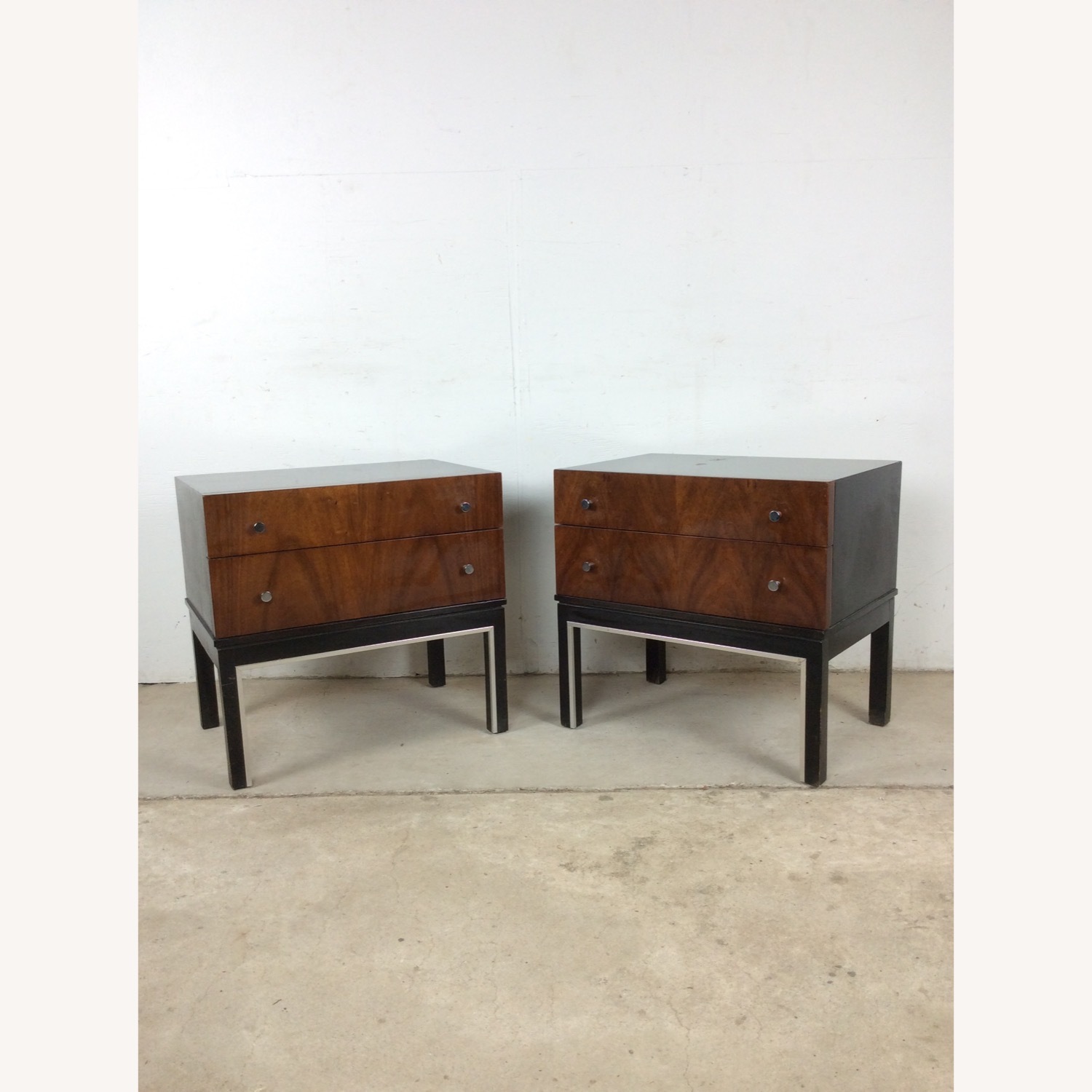 Pair Mid Century Nightstands with Chrome Accents - image-1