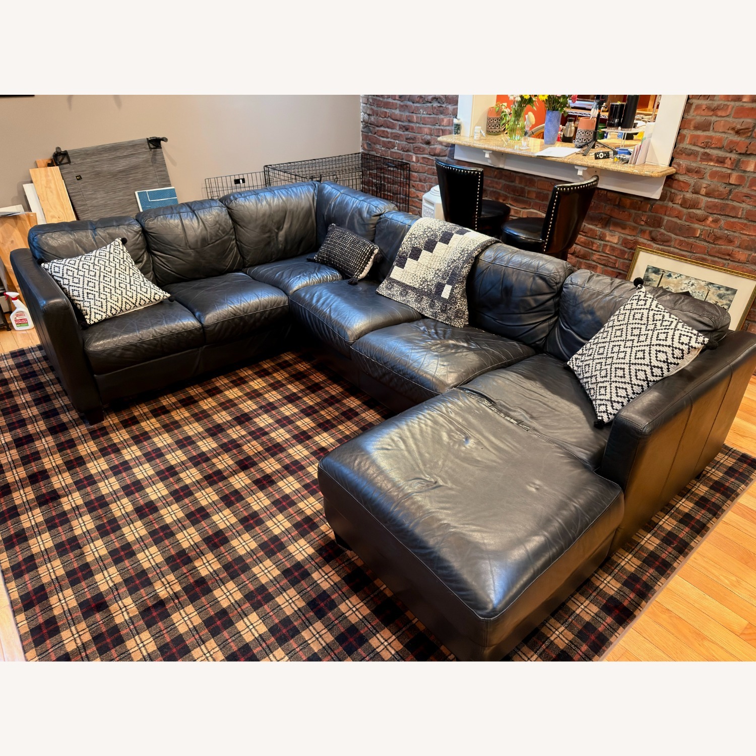 Black Leather 7 Cushion Sectional U-Shaped - image-2