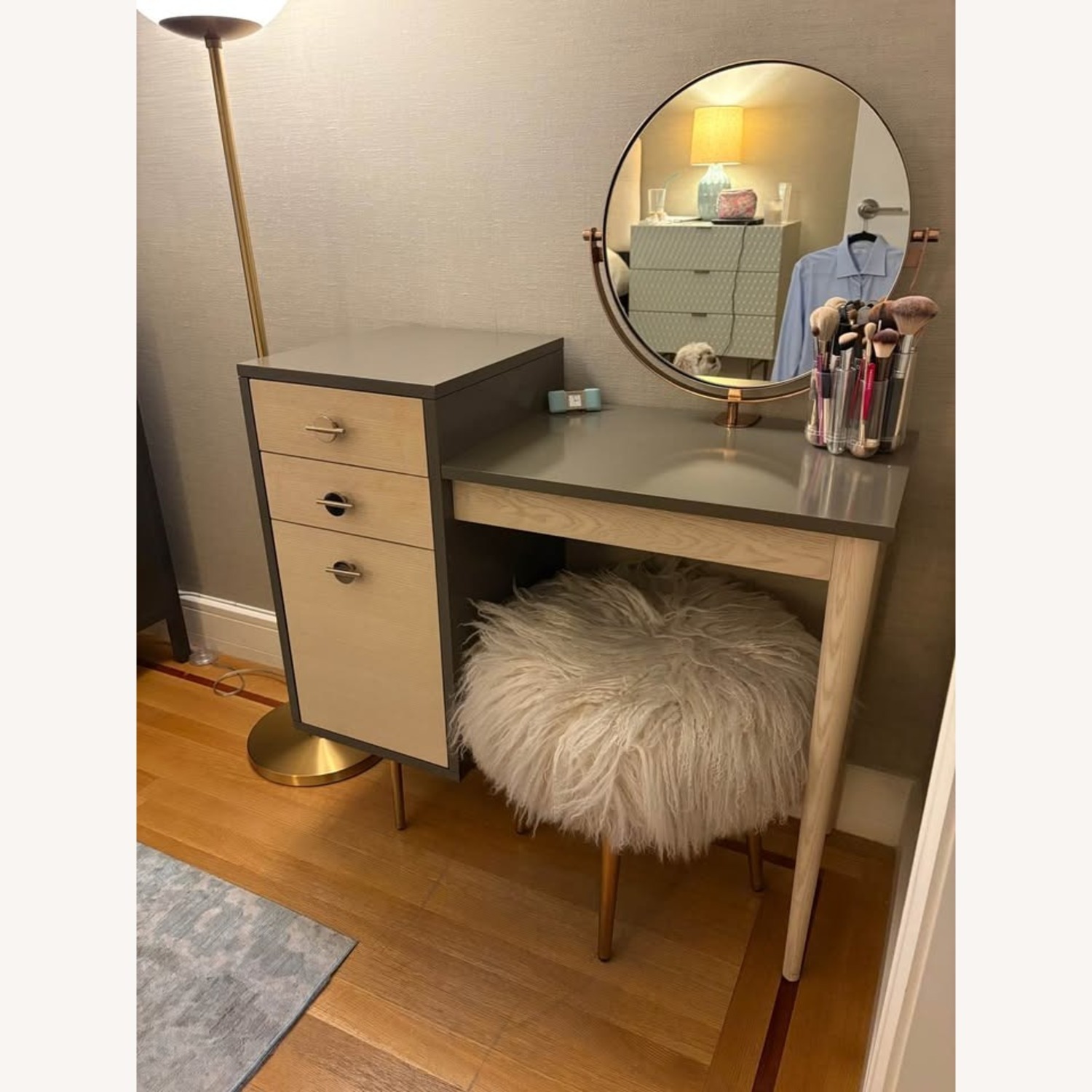 West Elm Greta Vanity with Mongolian Lamb Poof - image-1