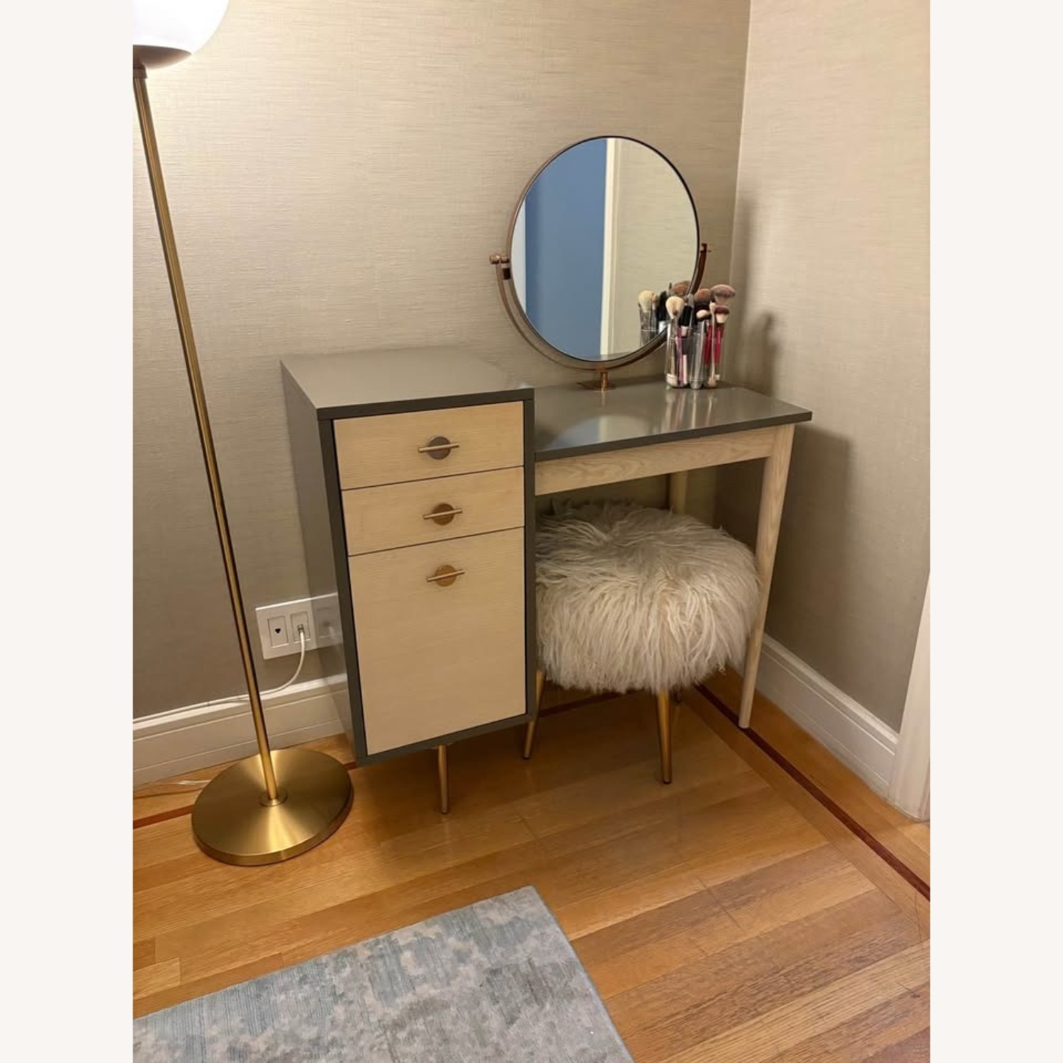 West Elm Greta Vanity with Mongolian Lamb Poof - image-2