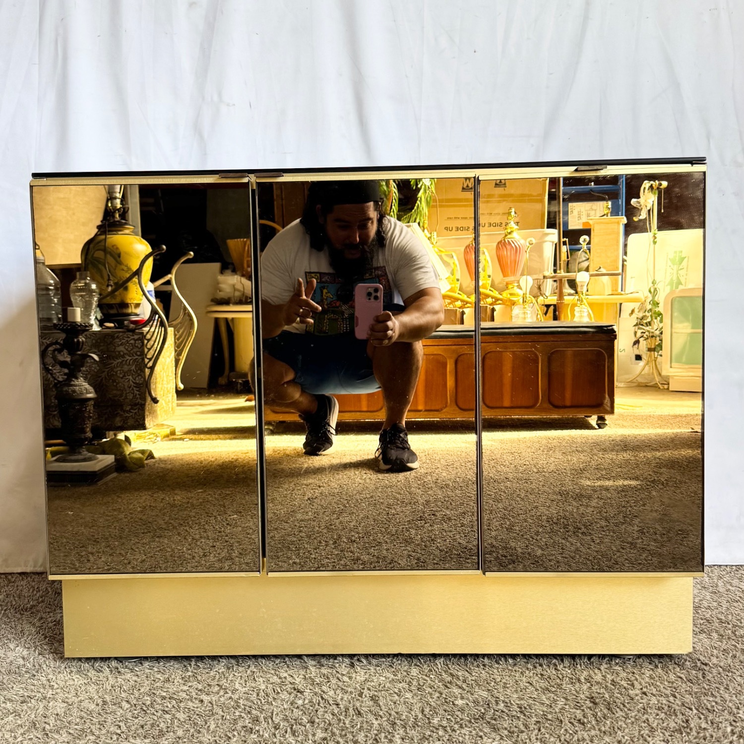 Postmodern Smoked Mirror and Gold Credenza - image-2