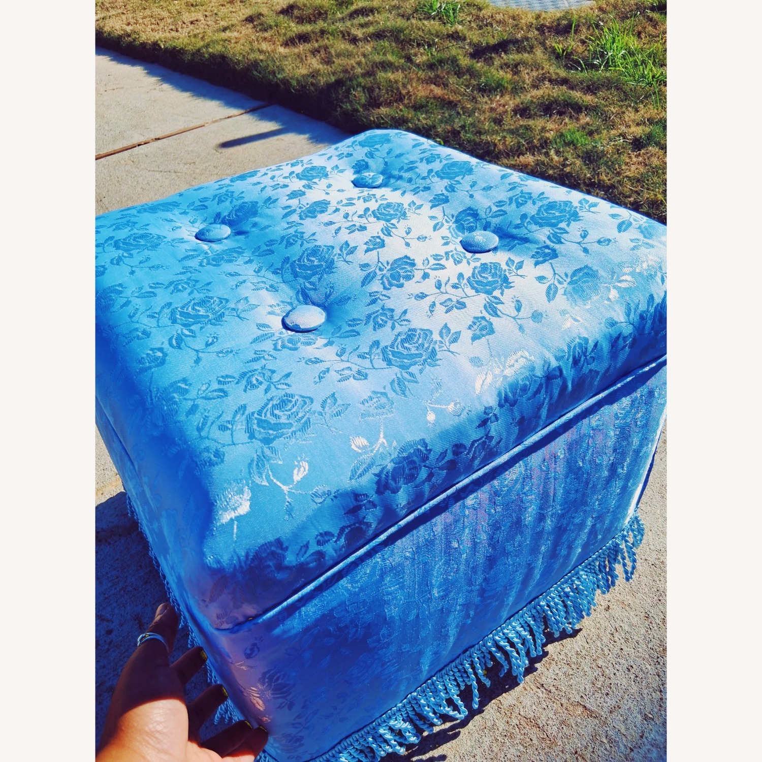 Revive Upholstery & Design Blue Fabric Ottoman - image-1