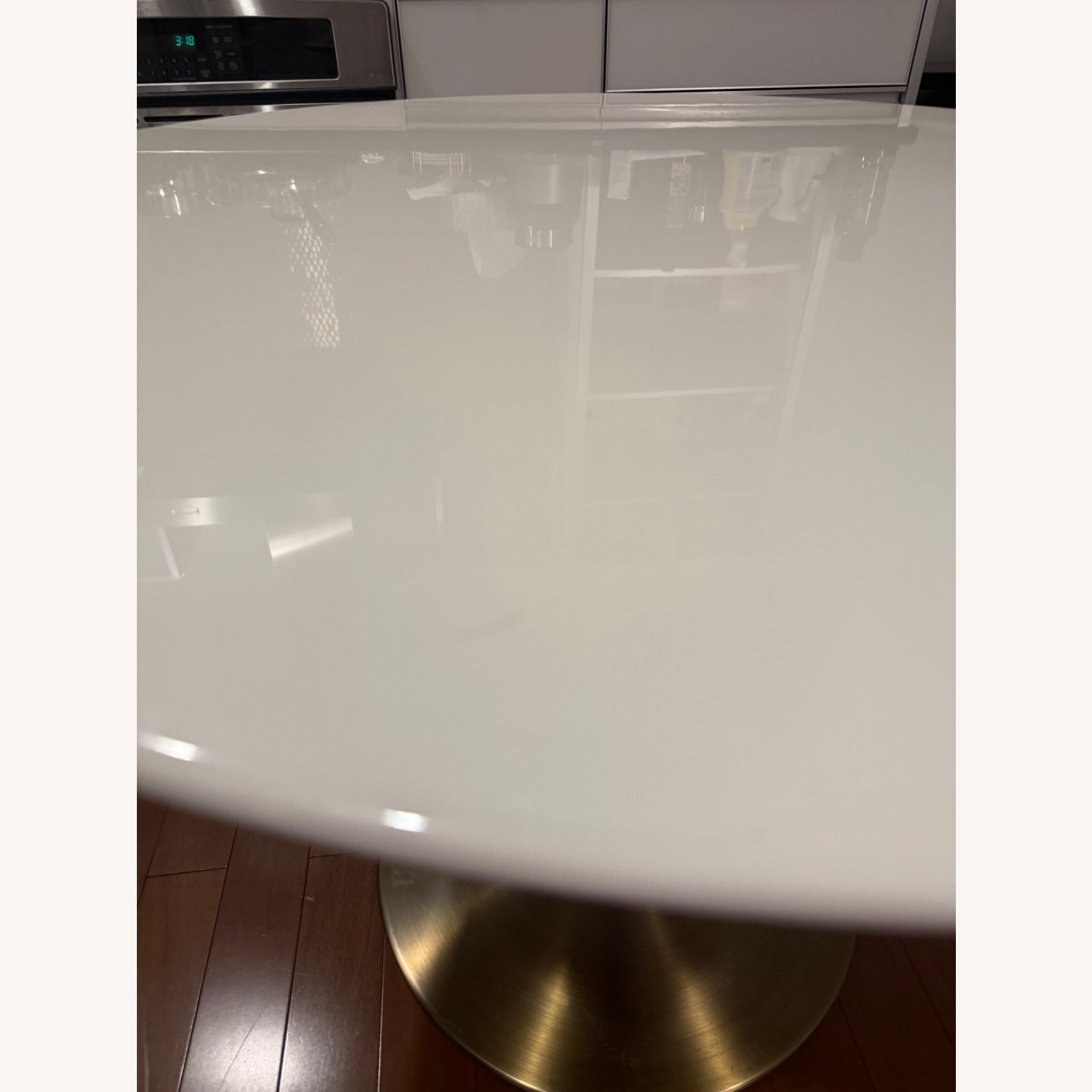 CB2 Odyssey Round White Dining Table w  Brass Base - image-3
