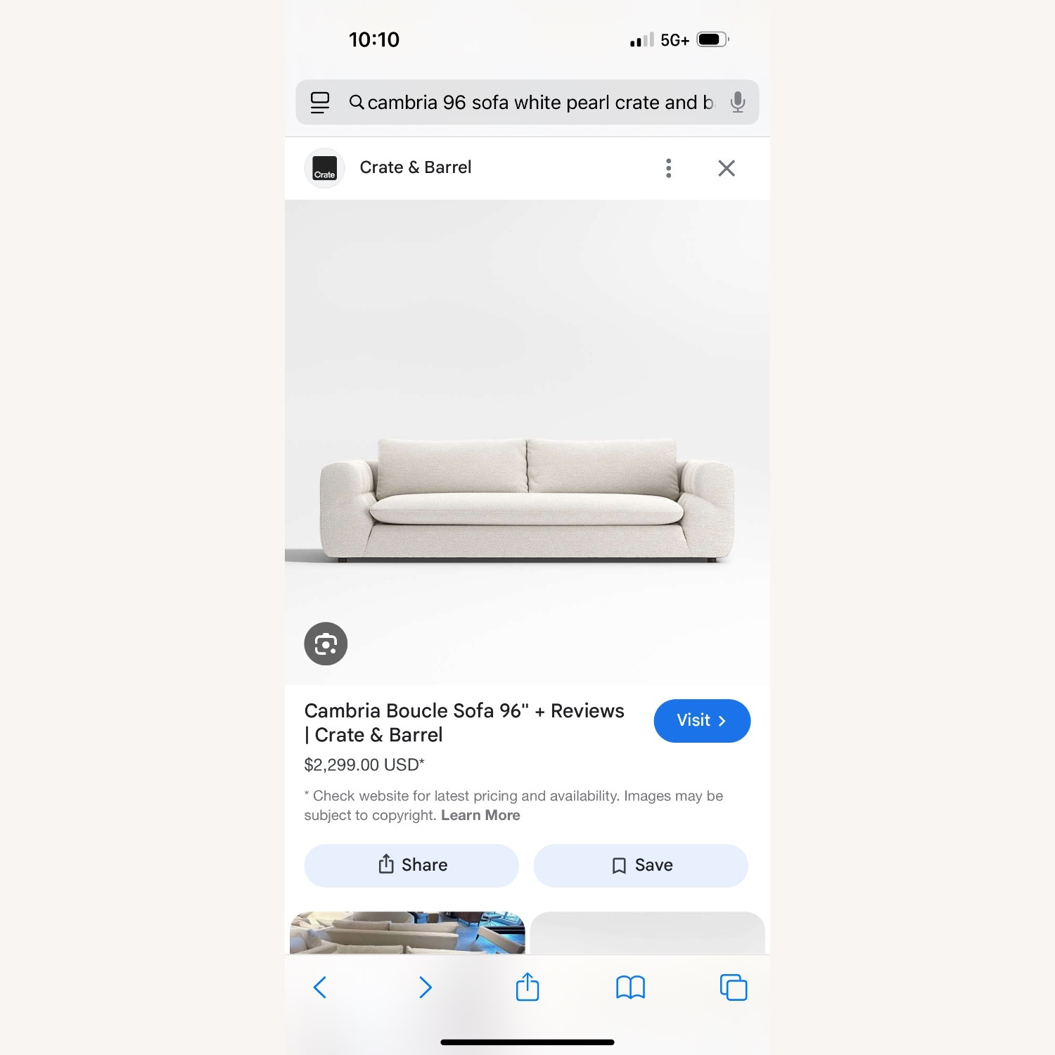 Crate & Barrel Cambria 96" Sofa White Pearl - image-5