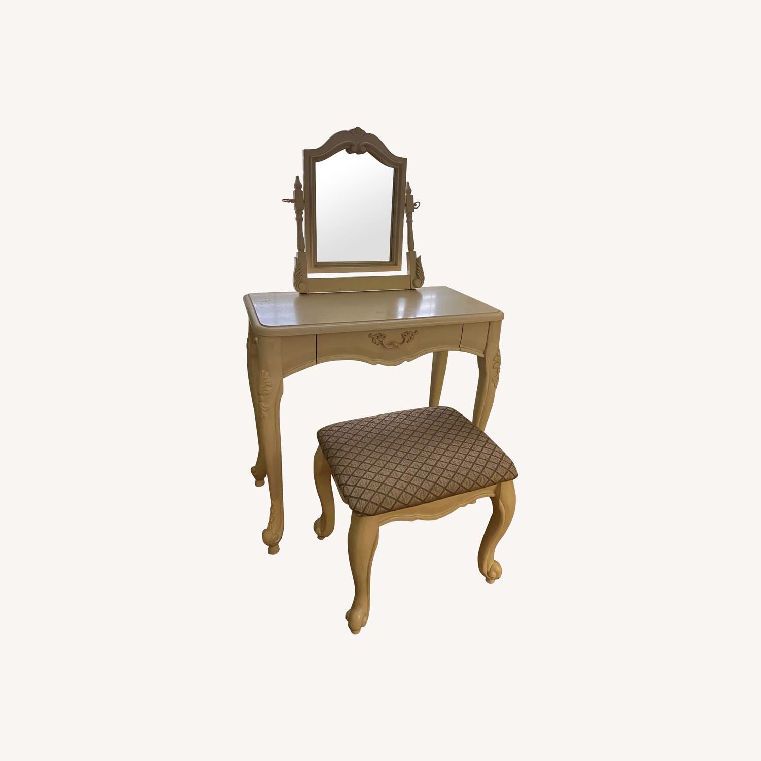 Vintage Cream Carved Vanity & Upholstered Stool - image-0
