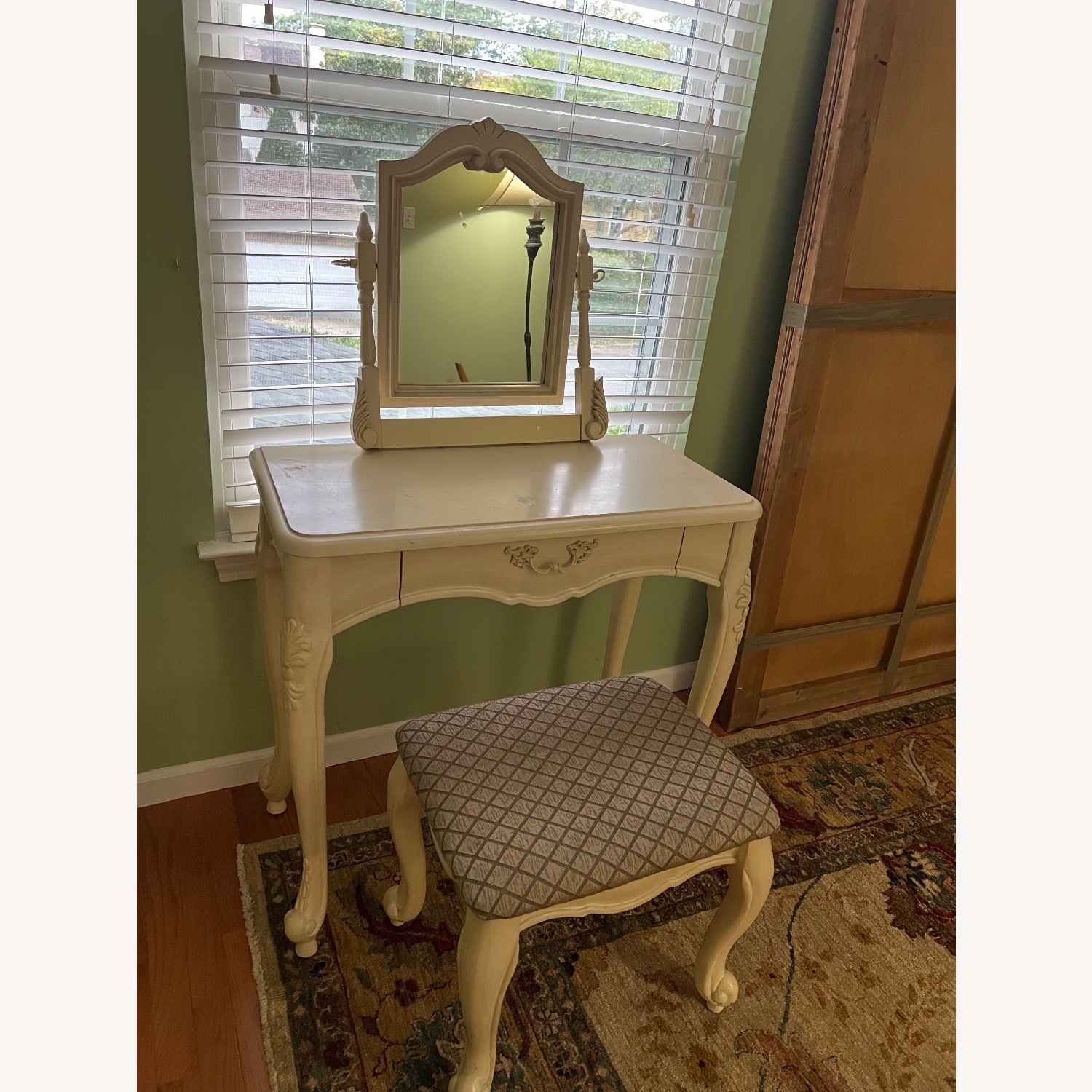Vintage Cream Carved Vanity & Upholstered Stool - image-3