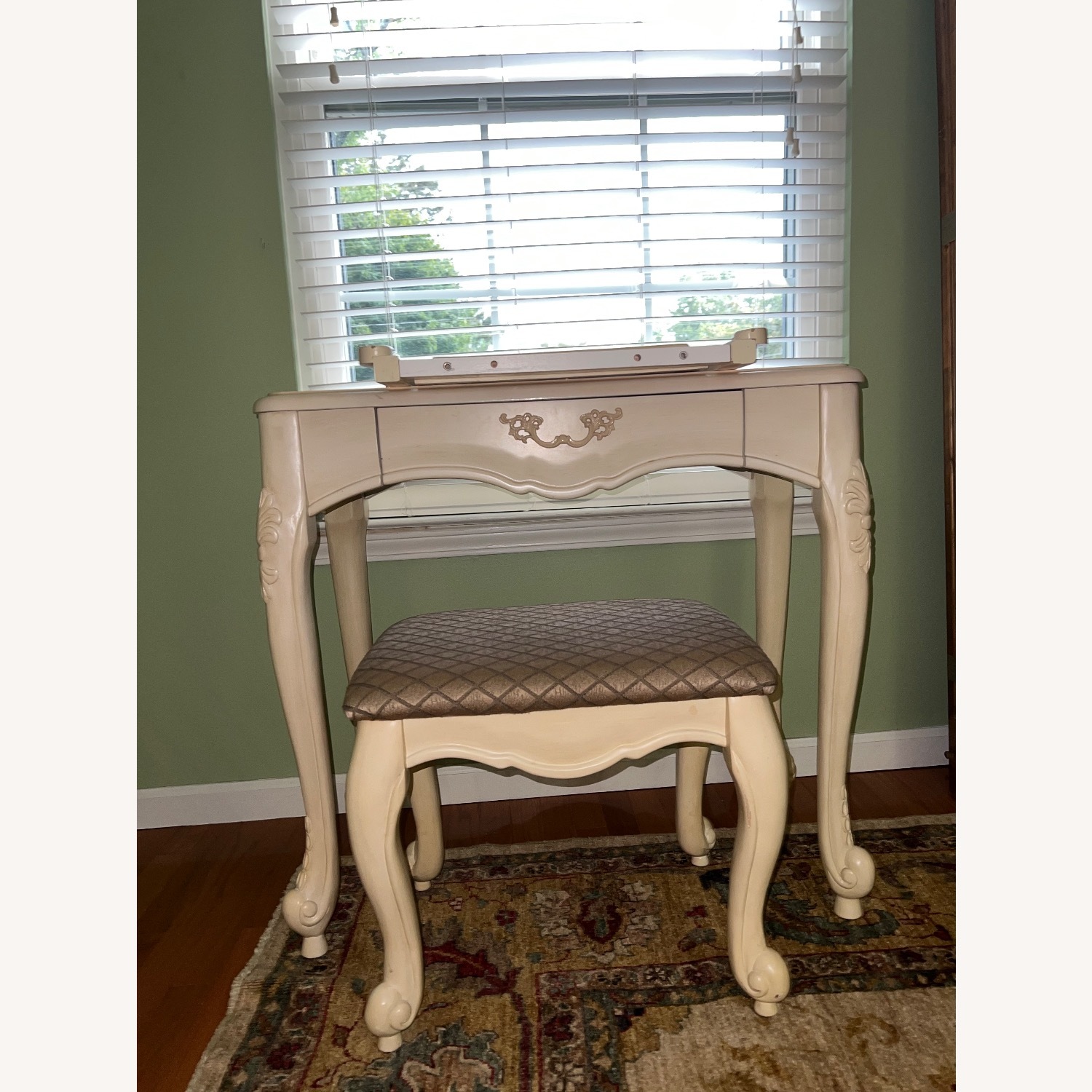 Vintage Cream Carved Vanity & Upholstered Stool - image-12