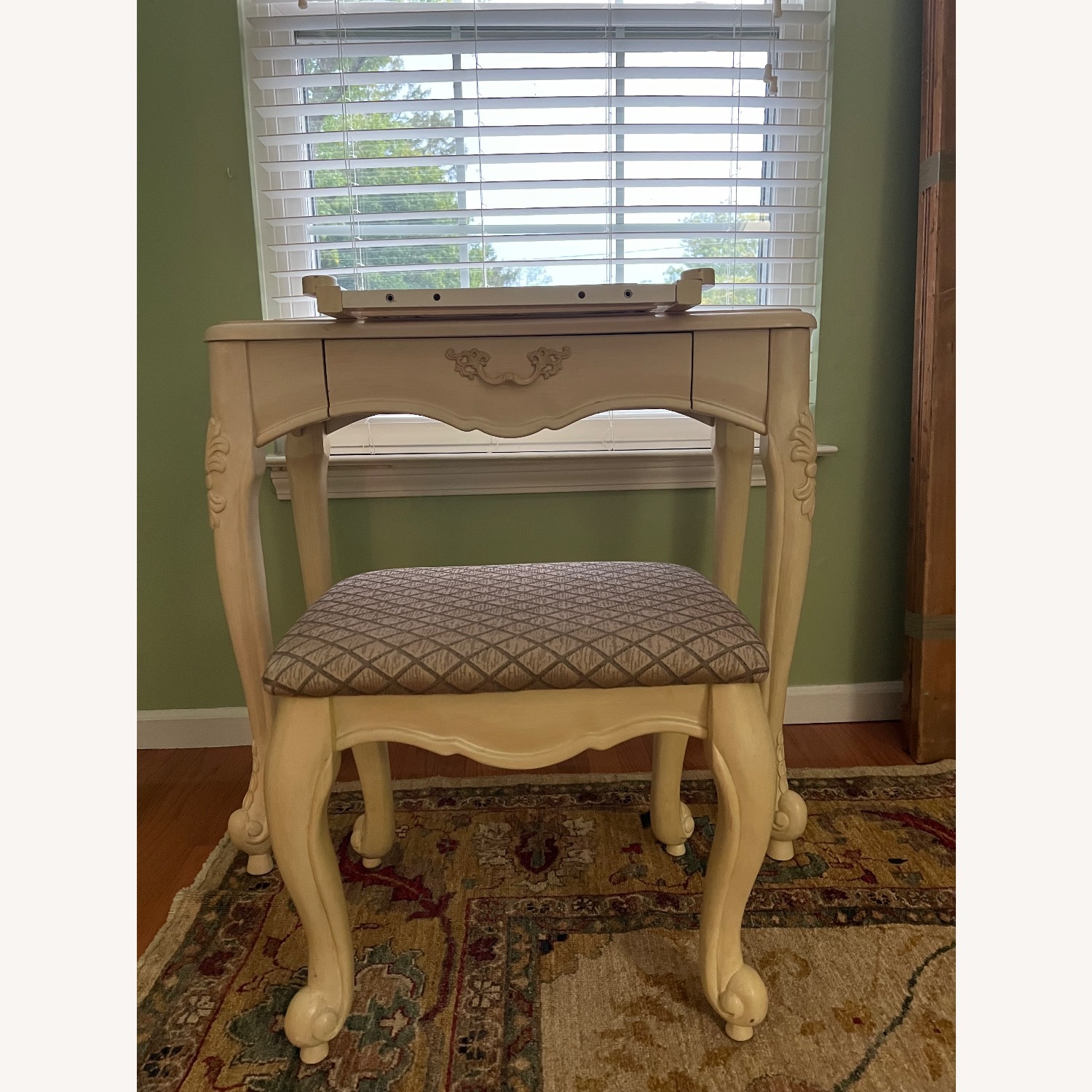 Vintage Cream Carved Vanity & Upholstered Stool - image-7