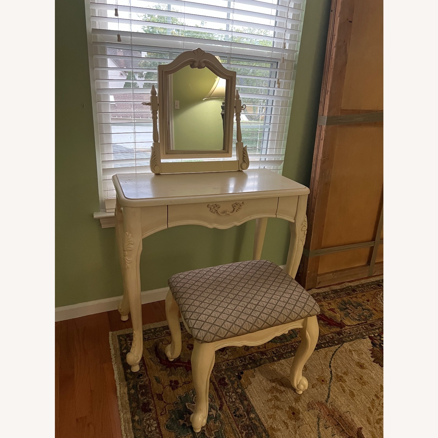 Vintage Cream Carved Vanity & Upholstered Stool - image-2