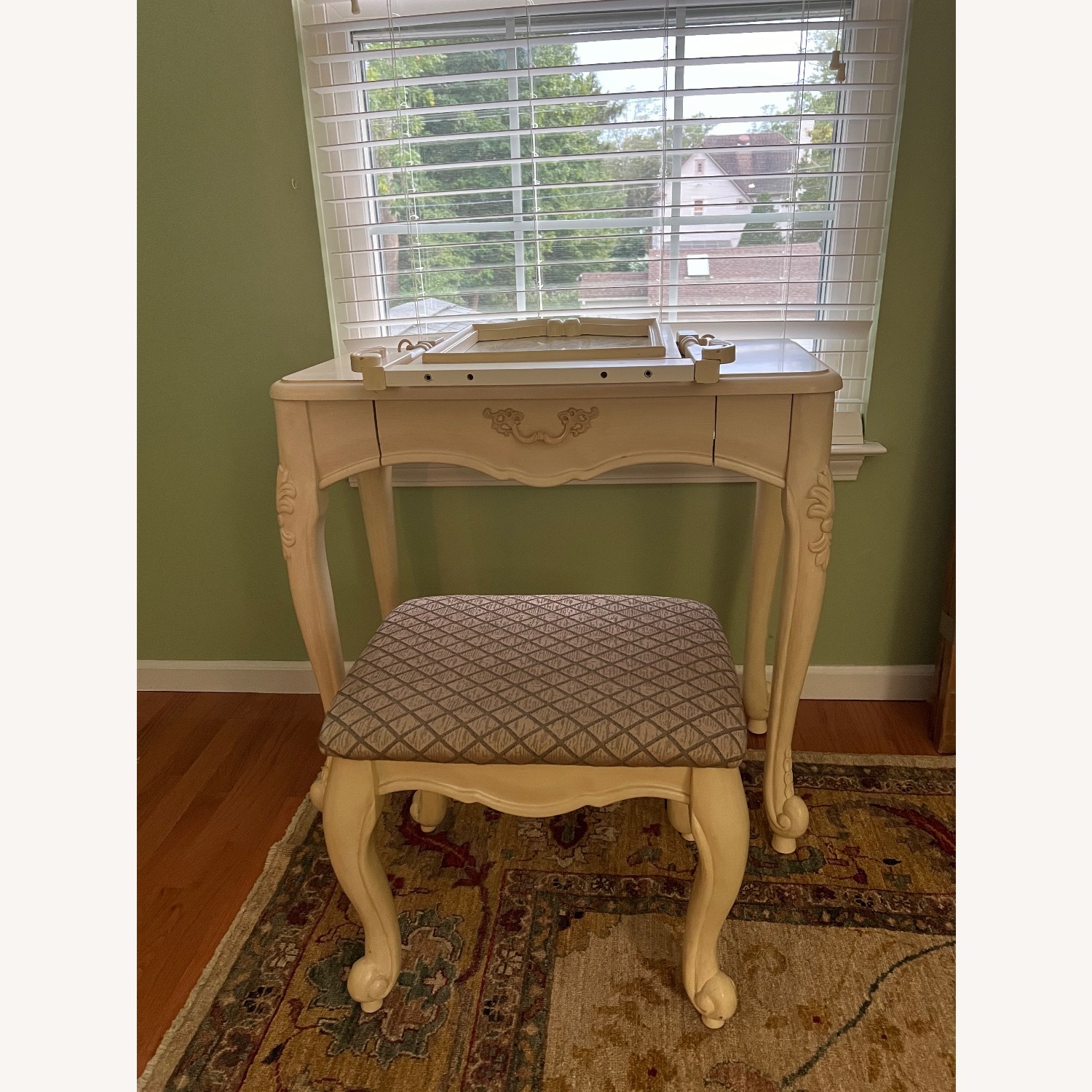 Vintage Cream Carved Vanity & Upholstered Stool - image-6