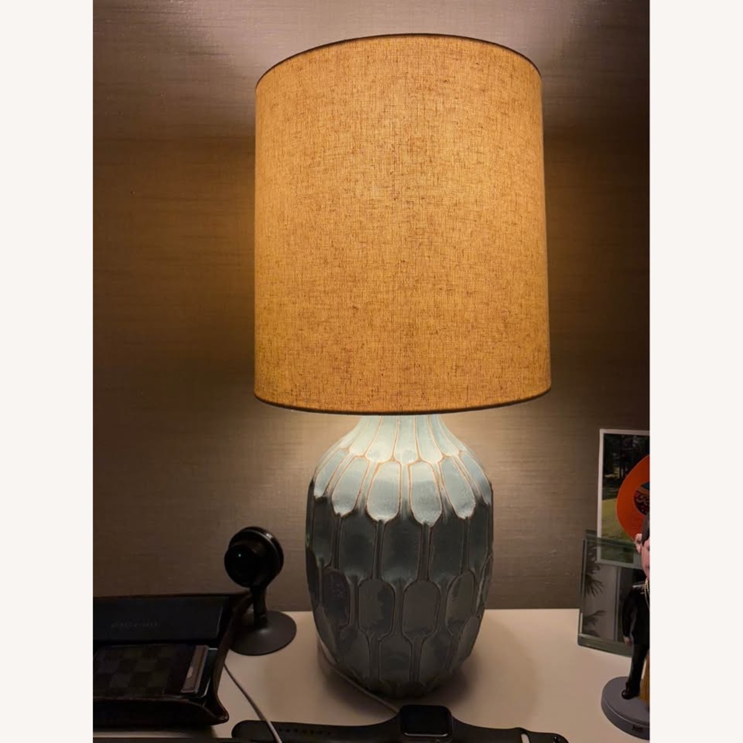 Set of 2 West Elm Linework Green Linen Table Lamps - image-1