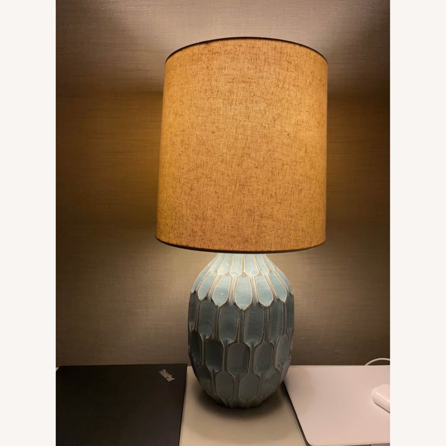 Set of 2 West Elm Linework Green Linen Table Lamps - image-2