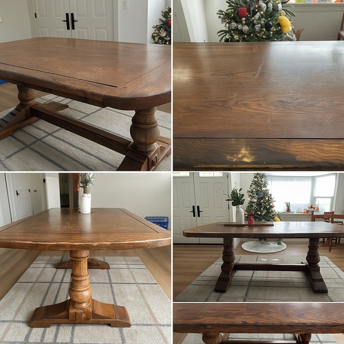 Used  Vintage Solid Red Oak Trestle Dining Table for sale on AptDeco
