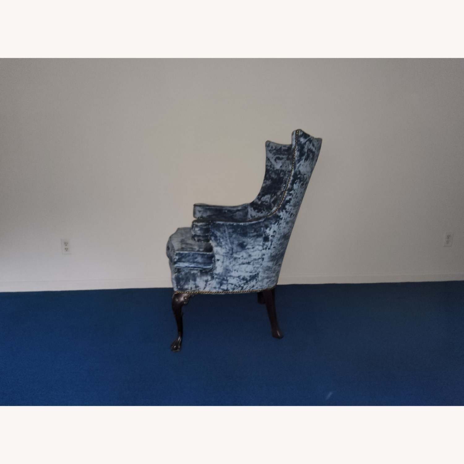 Vintage Blue Velvet Wingback Chair Queen Anne Legs - image-3
