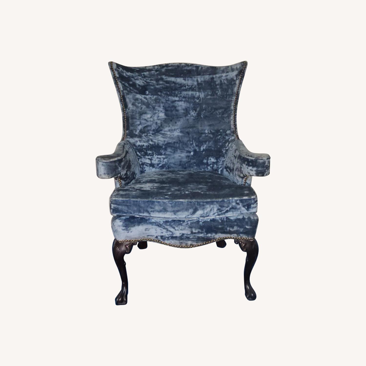 Vintage Blue Velvet Wingback Chair Queen Anne Legs - image-0