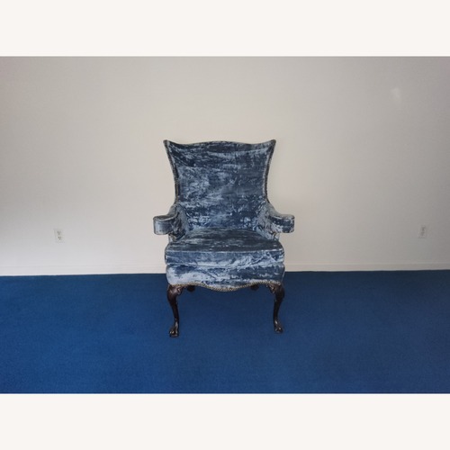 Used Vintage Blue Velvet Wingback Chair Queen Anne Legs for sale on AptDeco