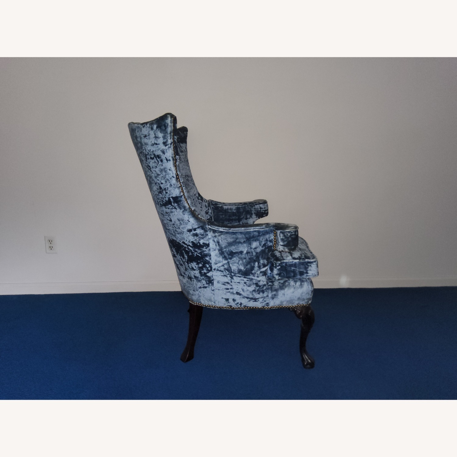 Vintage Blue Velvet Wingback Chair Queen Anne Legs - image-2