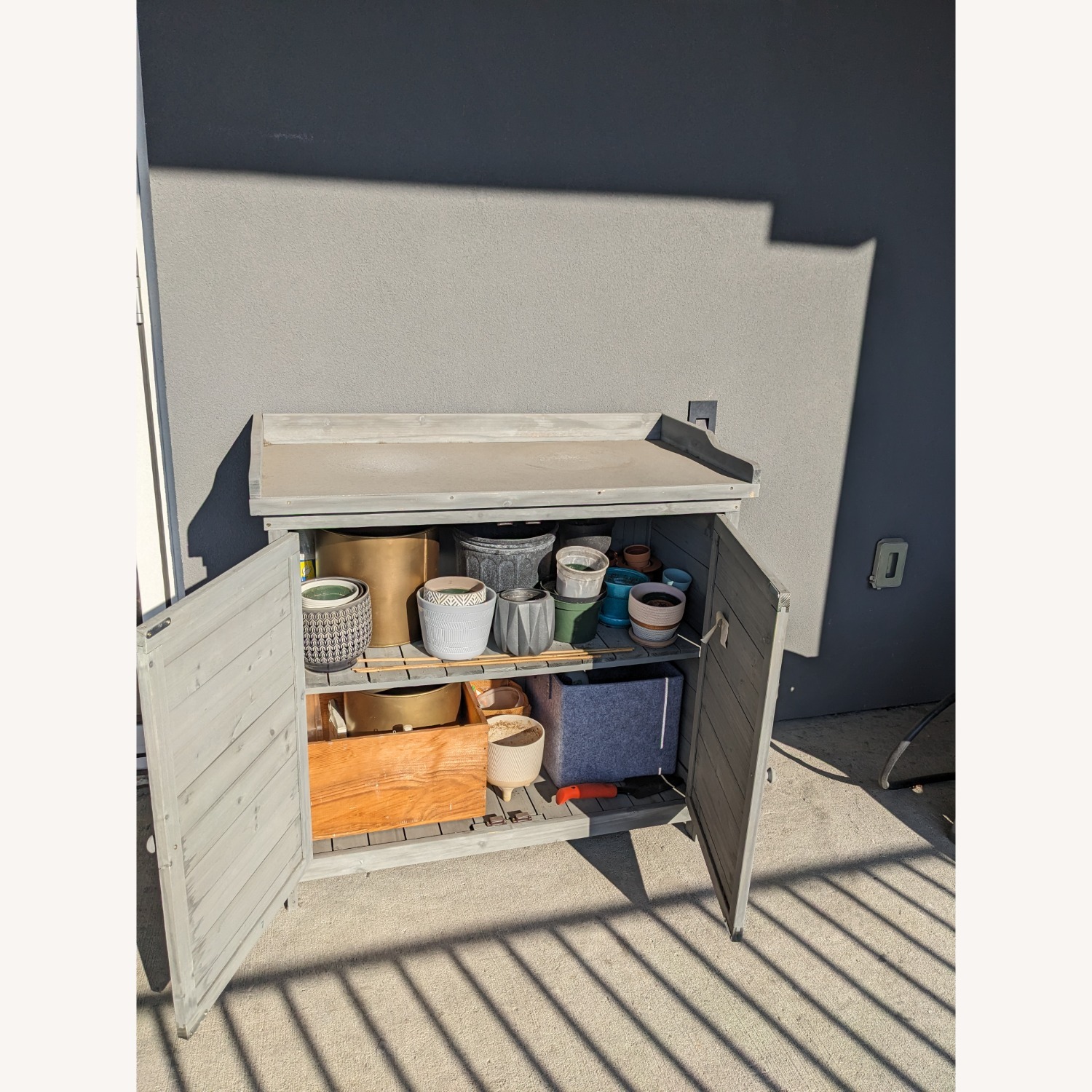 Light Gray Wood Outdoors Storage or Potting Bench - image-2