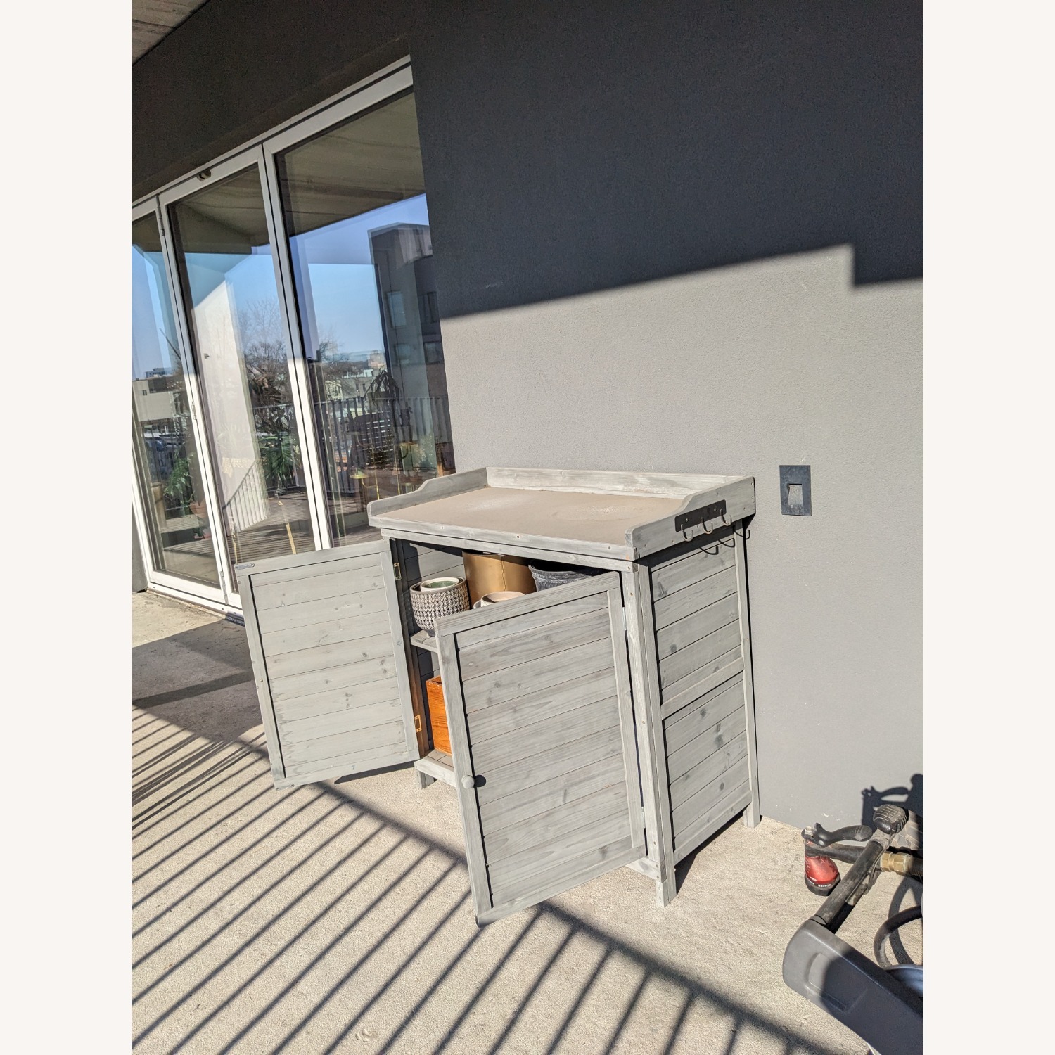 Light Gray Wood Outdoors Storage or Potting Bench - image-4