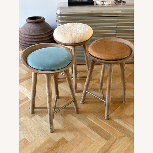 Used Custom Solid Oak Bar Stool with Sheep-Skin Cushion for sale on AptDeco