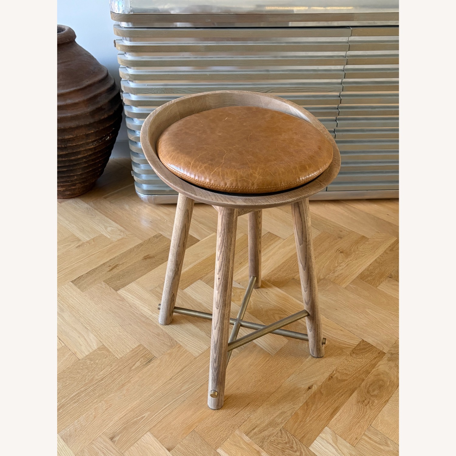 Custom Solid Oak Bar Stool with Leather Cushion - image-0