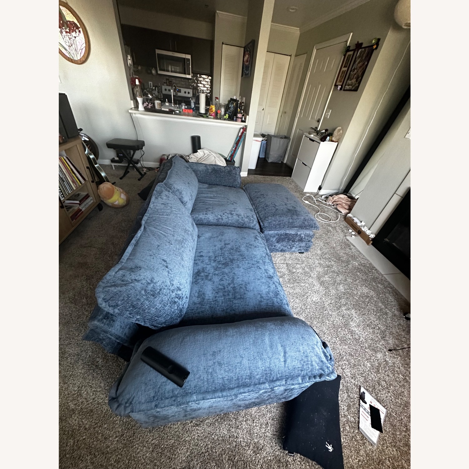 Blue Velvet 2 Piece Sectional with Ottoman - image-3