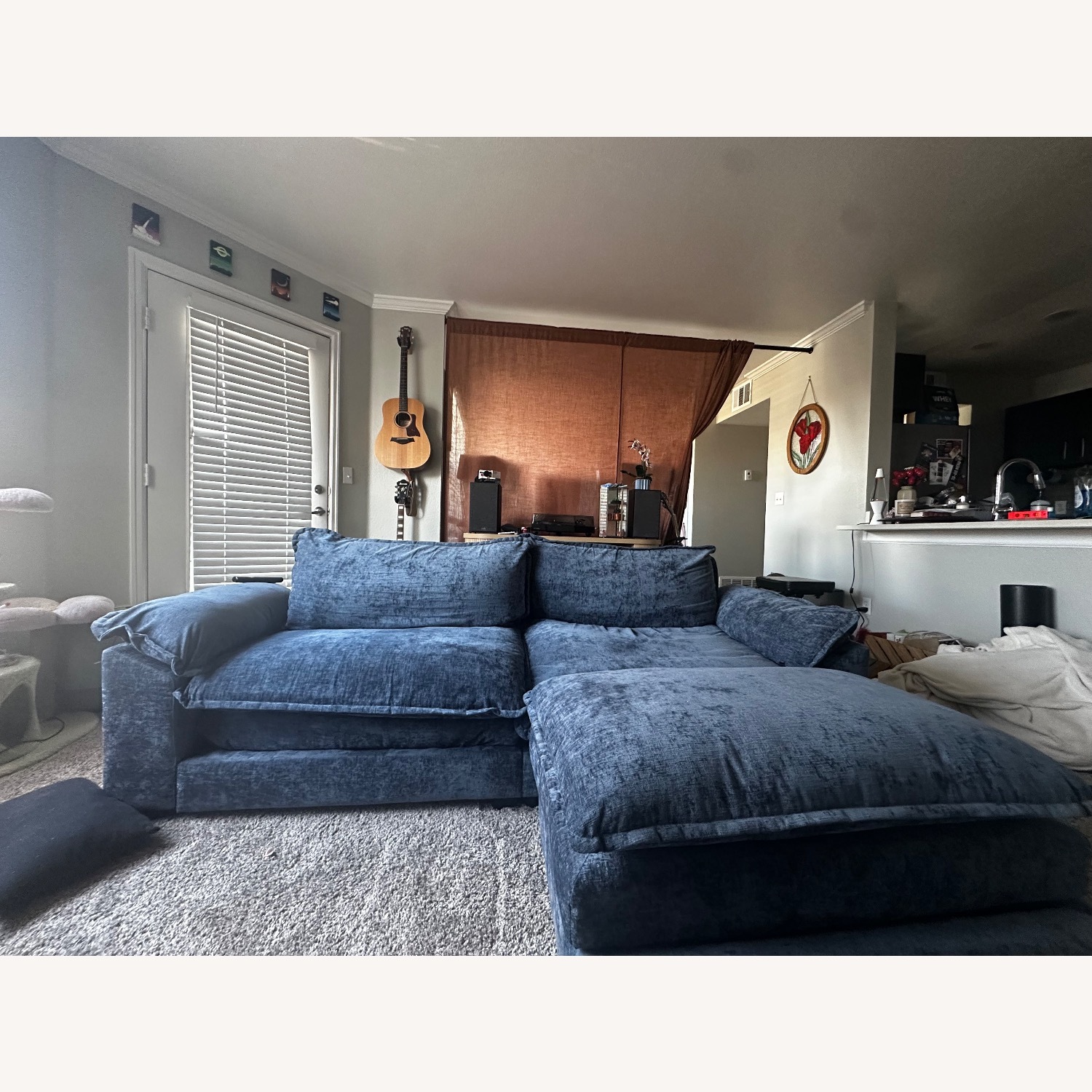 Blue Velvet 2 Piece Sectional with Ottoman - image-0