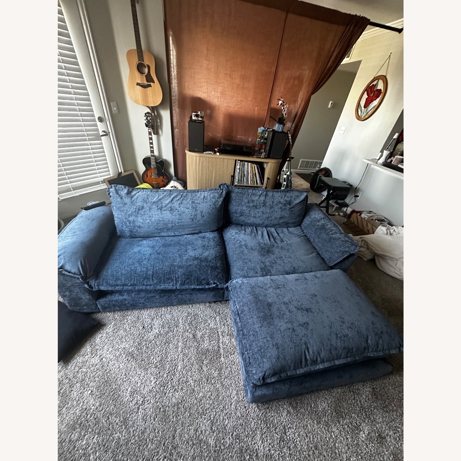 Blue Velvet 2 Piece Sectional with Ottoman - image-1