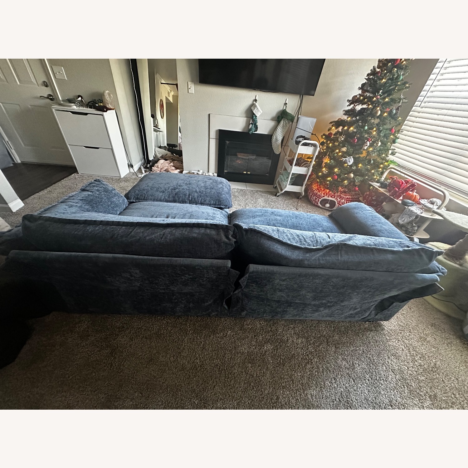 Blue Velvet 2 Piece Sectional with Ottoman - image-2