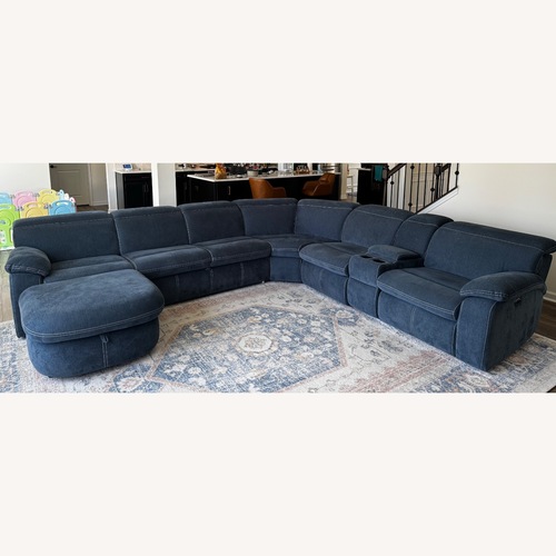 Used Rooms To Go Cresent Blue Fabric 3+ Seater Sofa for sale on AptDeco