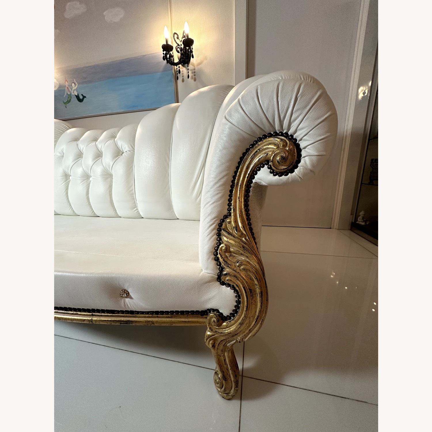 Vintage/Antique White Leather 3+ Seater Sofa - image-2