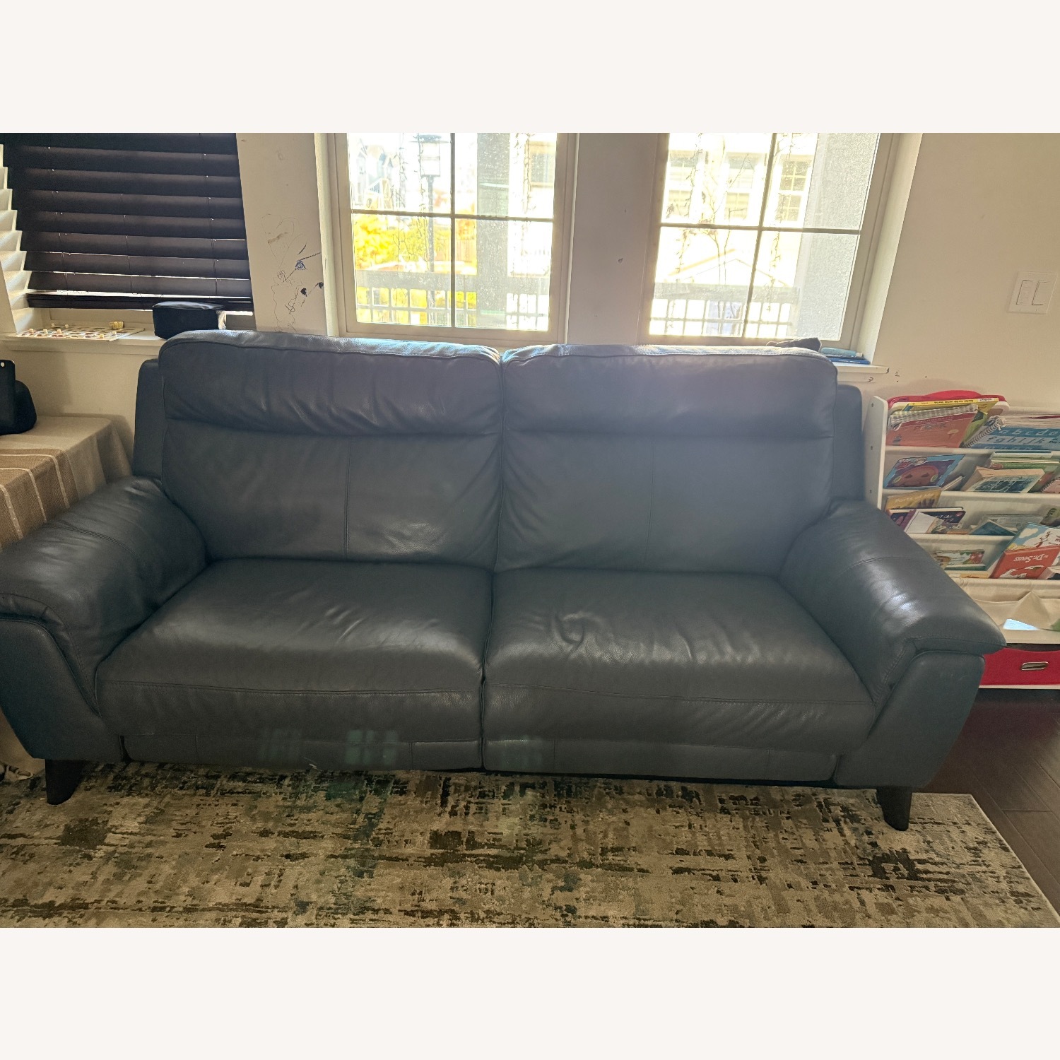 Living Spaces Blue Leather 3+ Seater Sofa - image-1