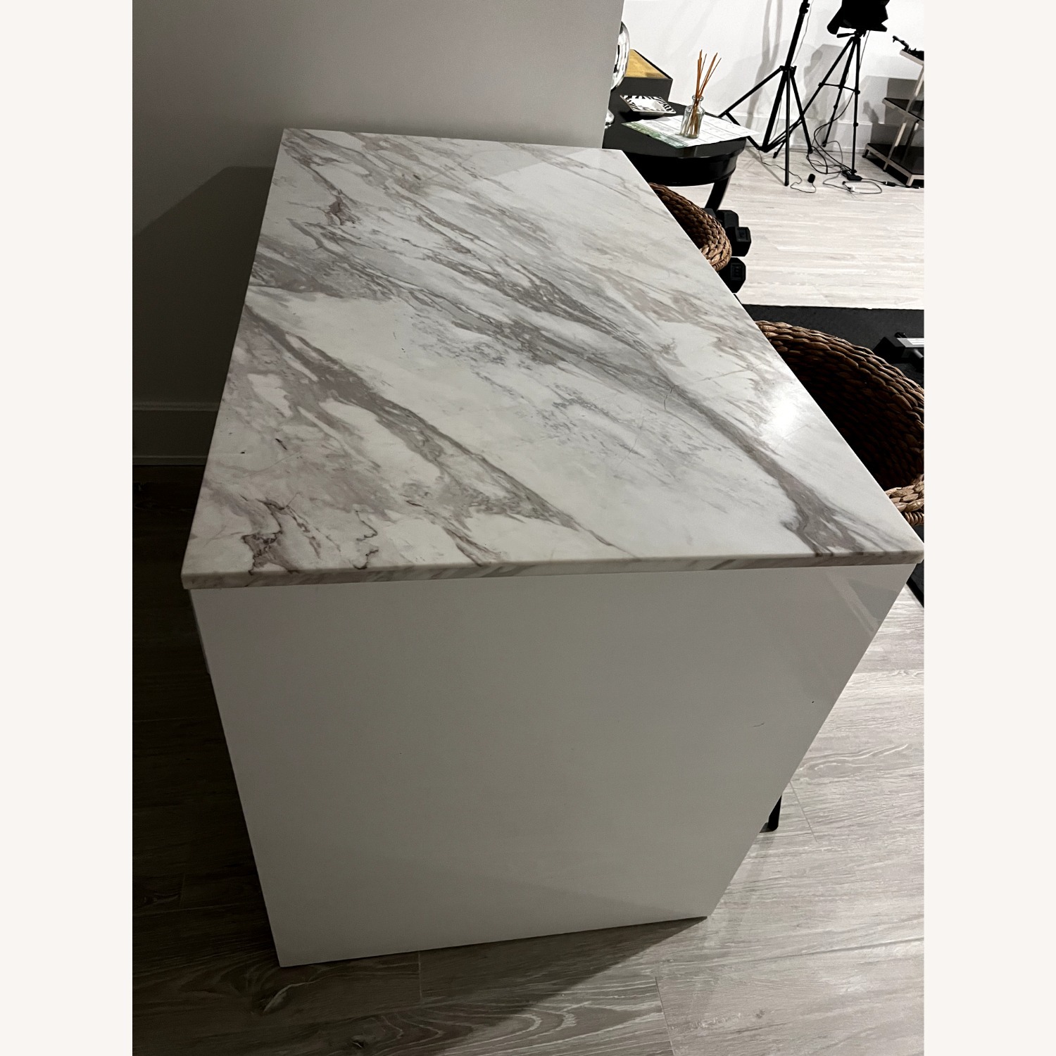 White Island Table with Marble Top-CB2 and Stools - image-4