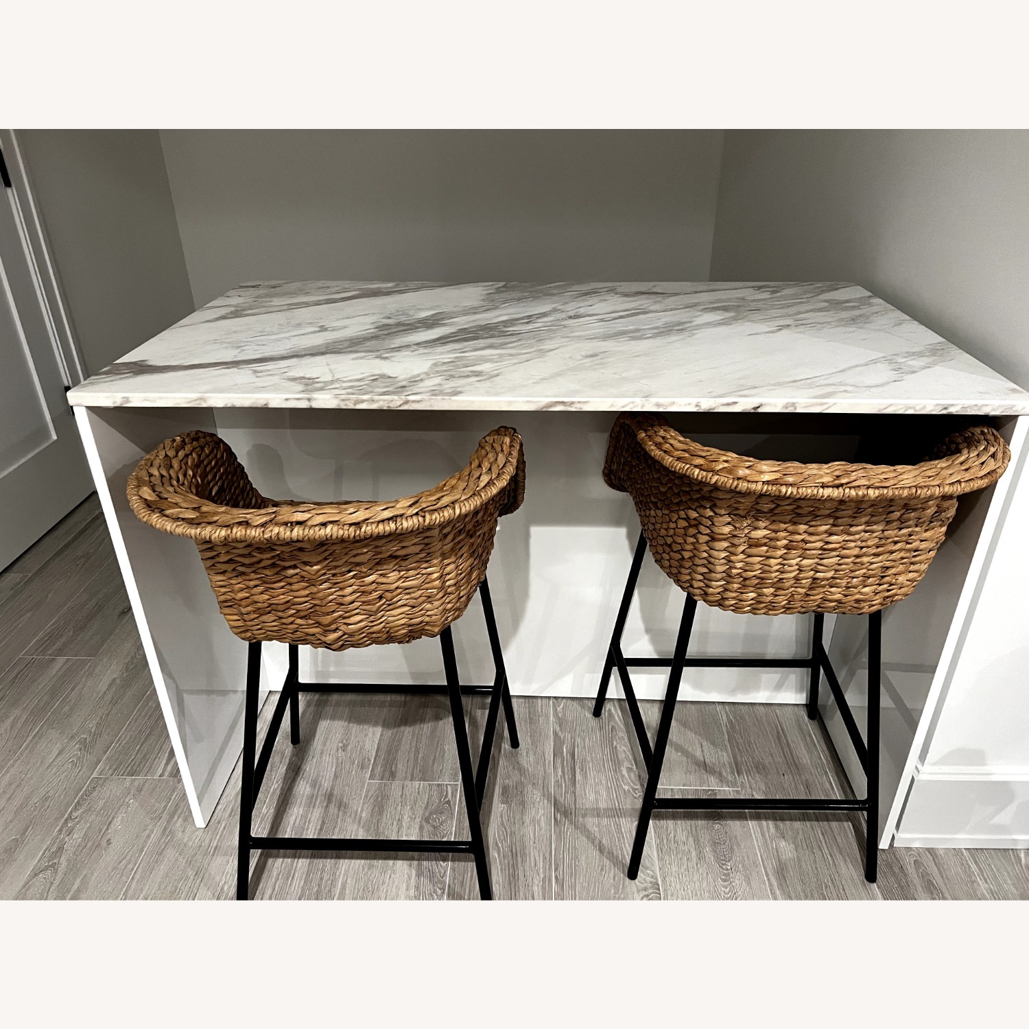 White Island Table with Marble Top-CB2 and Stools - image-1