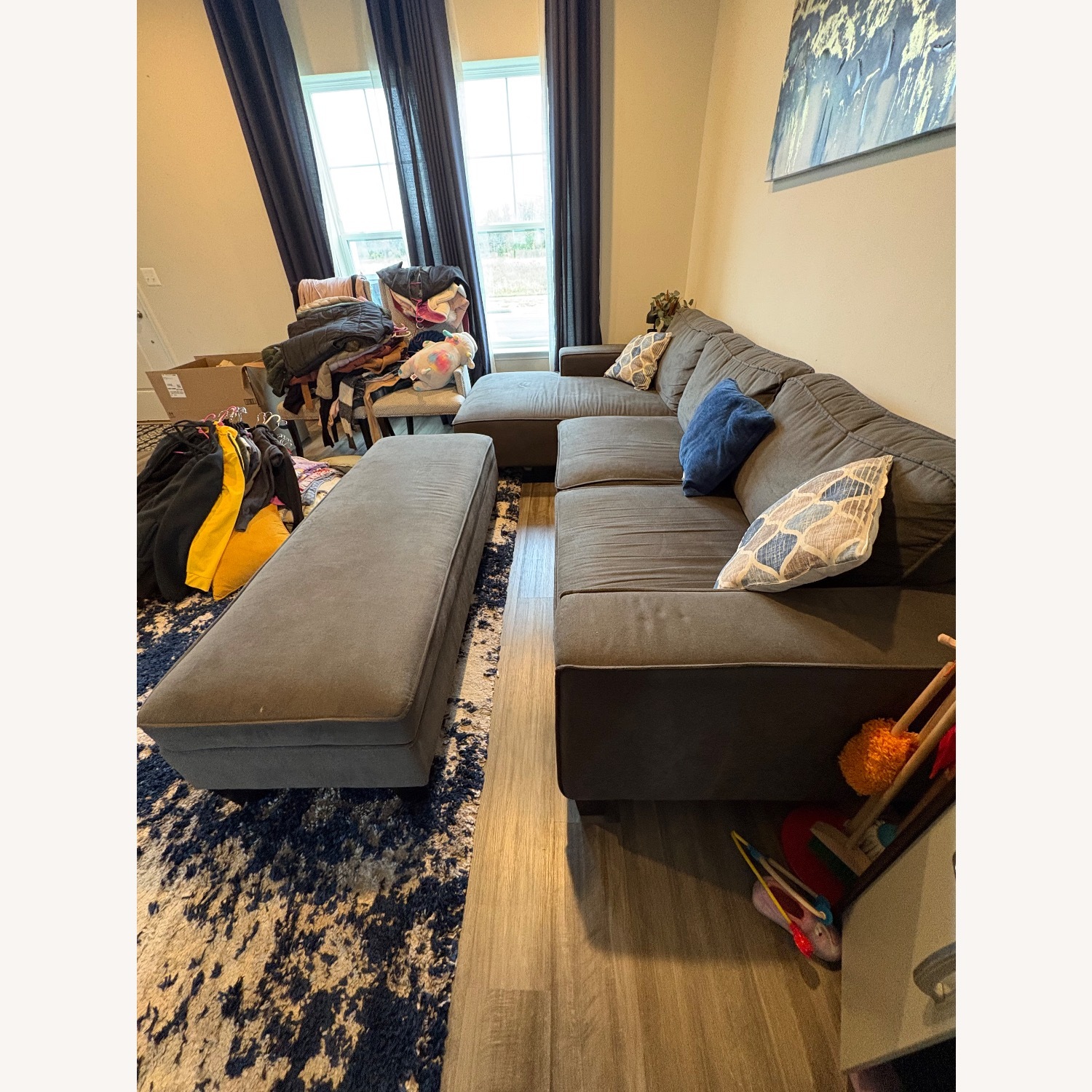 Dark Gray Sectional Sofa with Ottoman & Cushions - image-3