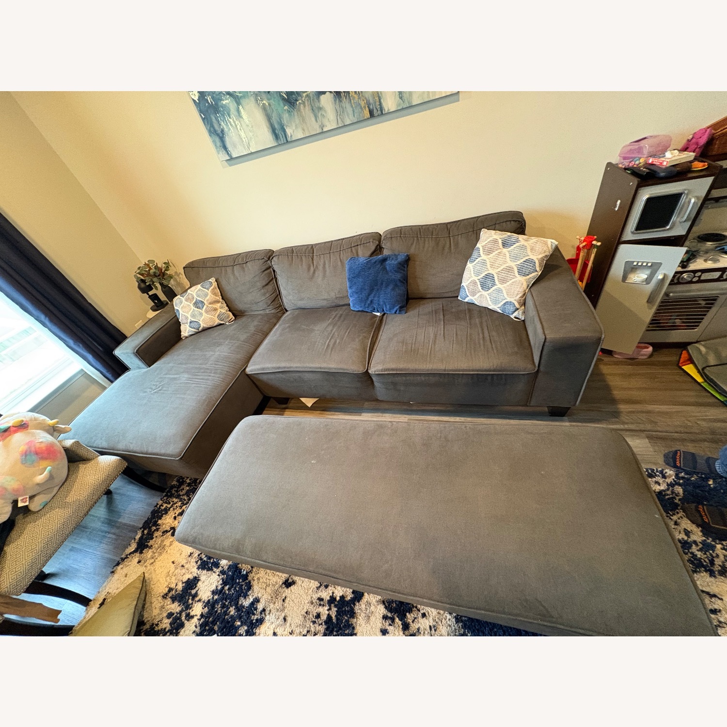 Dark Gray Sectional Sofa with Ottoman & Cushions - image-2