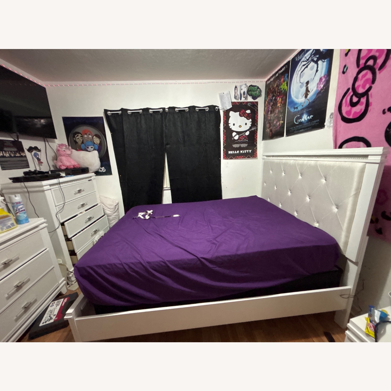 White Wood Full Bed W LED Strip Light - image-2