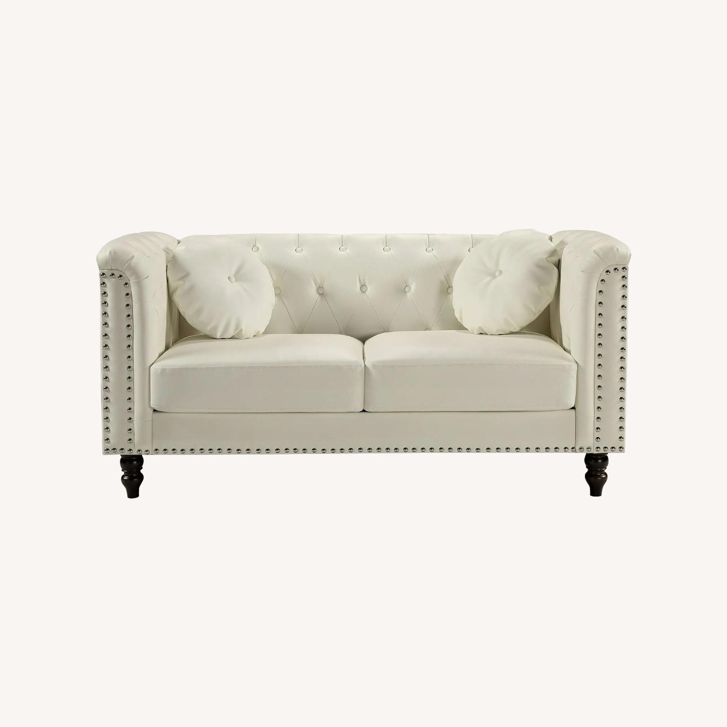 White Leather Studded 3 Seater Couch - image-0