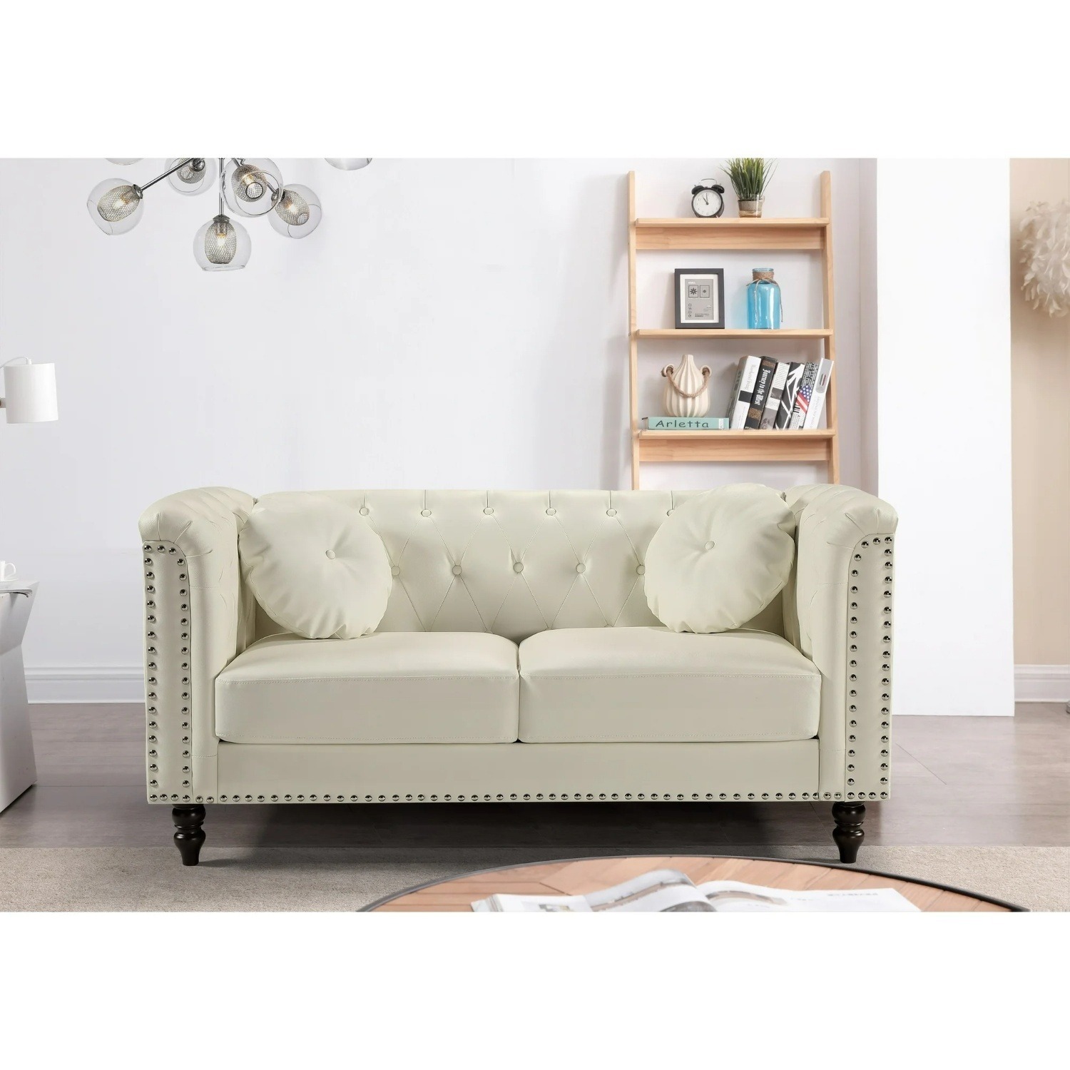 White Leather Studded 3 Seater Couch  - image-0