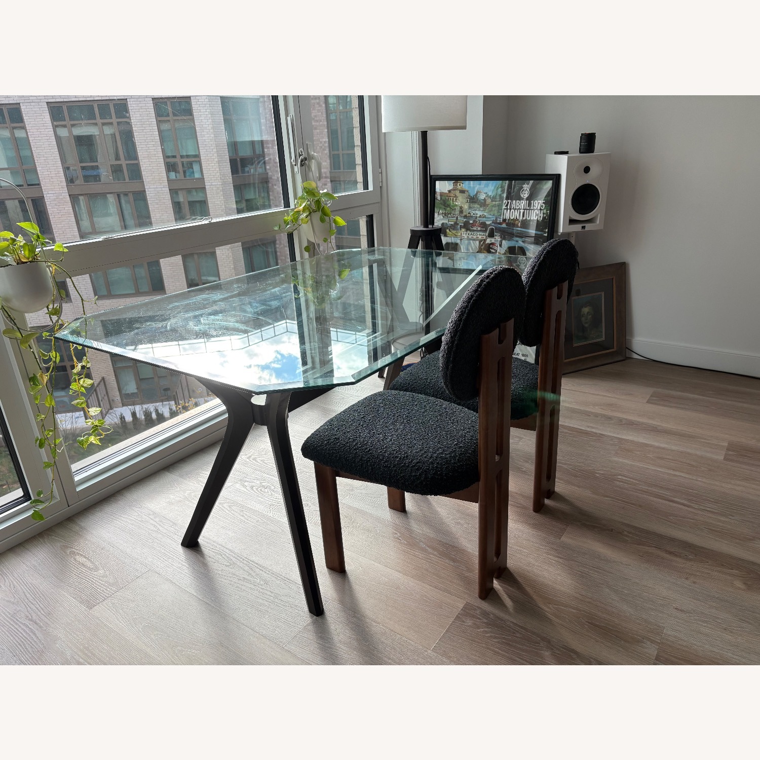 Modern Glass Dining Table Solid Wood Base - image-1