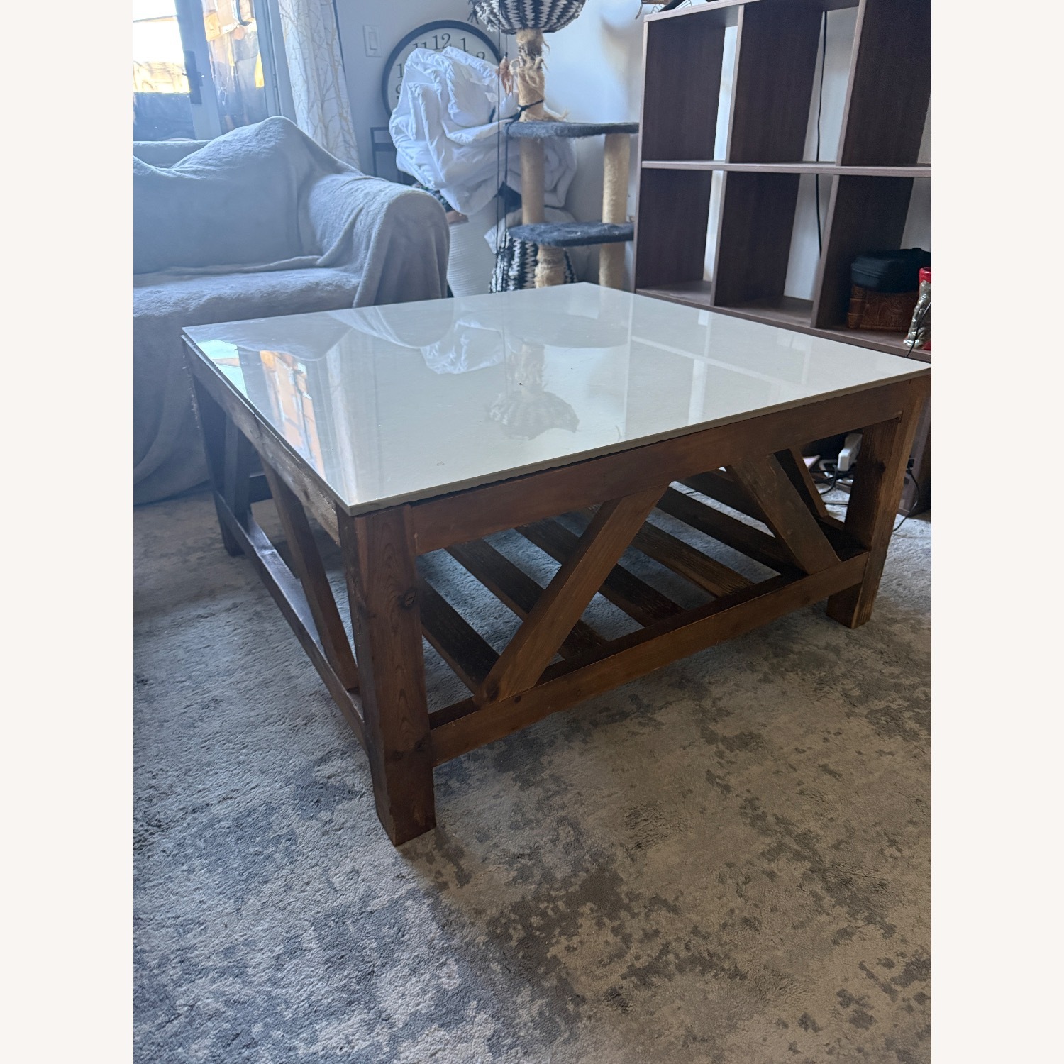 Square Marble Table With Wood Base - image-0
