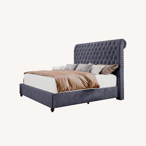 Used Silver Gray Velvet Upholstered King Bed for sale on AptDeco