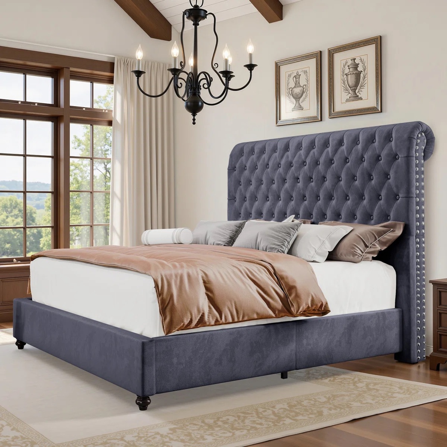 Silver Gray Velvet Upholstered King Bed - image-3
