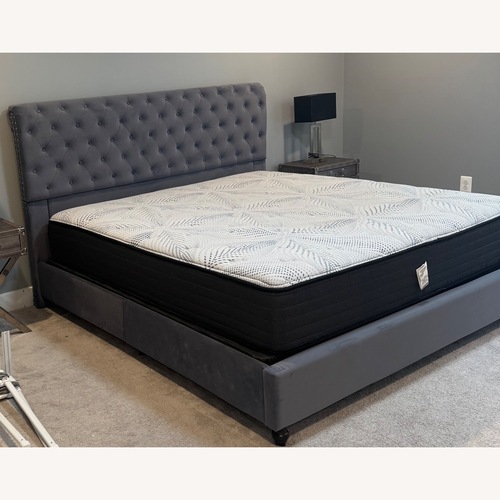 Used Silver Gray Velvet Upholstered King Bed for sale on AptDeco