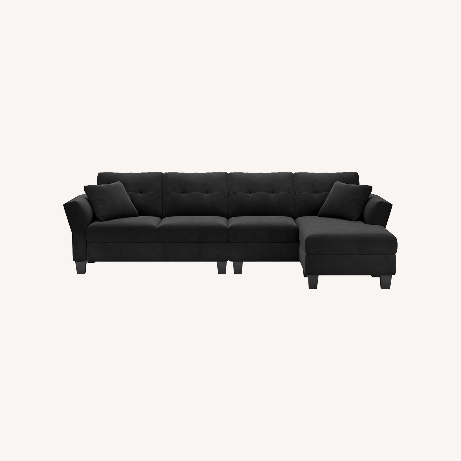 Black Velvet Convertible Sectional 4 Seat Sofa - image-0